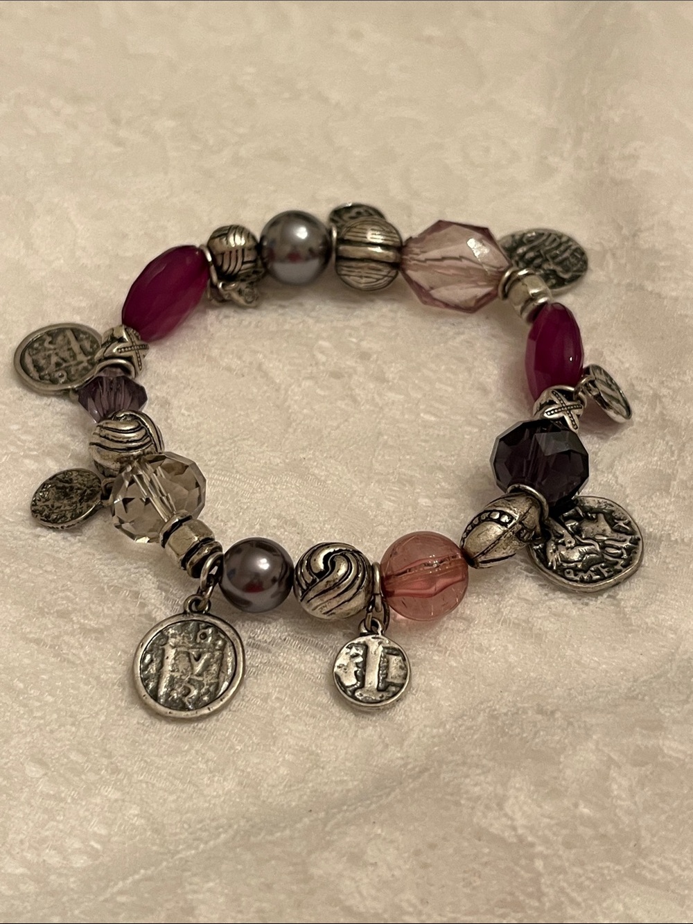 Silver Charm Beaded Bracelet with Pink & Purple Glass Beads